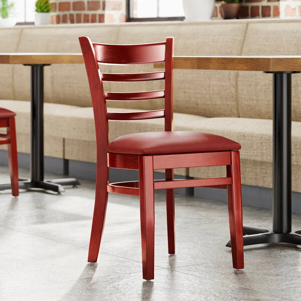 Wood Chair MHBG01 Mahogany Finish Wood Ladder Back With 2 1/2" thick Burgundy Vinyl Seat vinyl padded seat