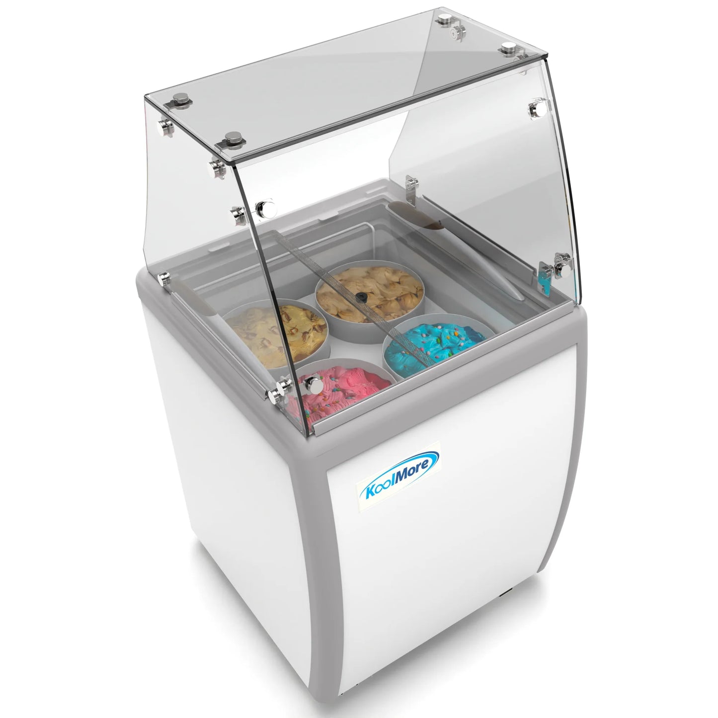 Koolmore KM-ICD-26SD-FG 26 In. Commercial 4 Tub Ice Cream Dipping Cabinet Display Freezer With Sliding Glass Door And Sneeze Guard- 6 Cu Ft.