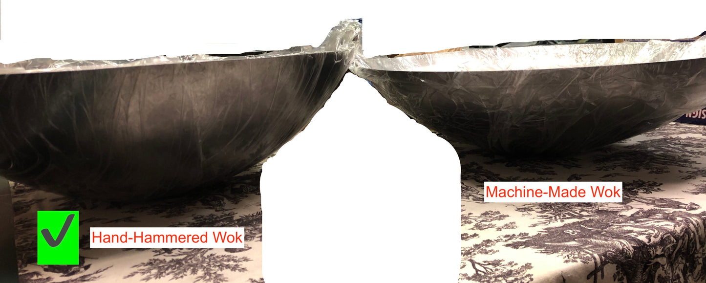 Comparison of hand-hammered wok and machine-made wok with visible differences.
