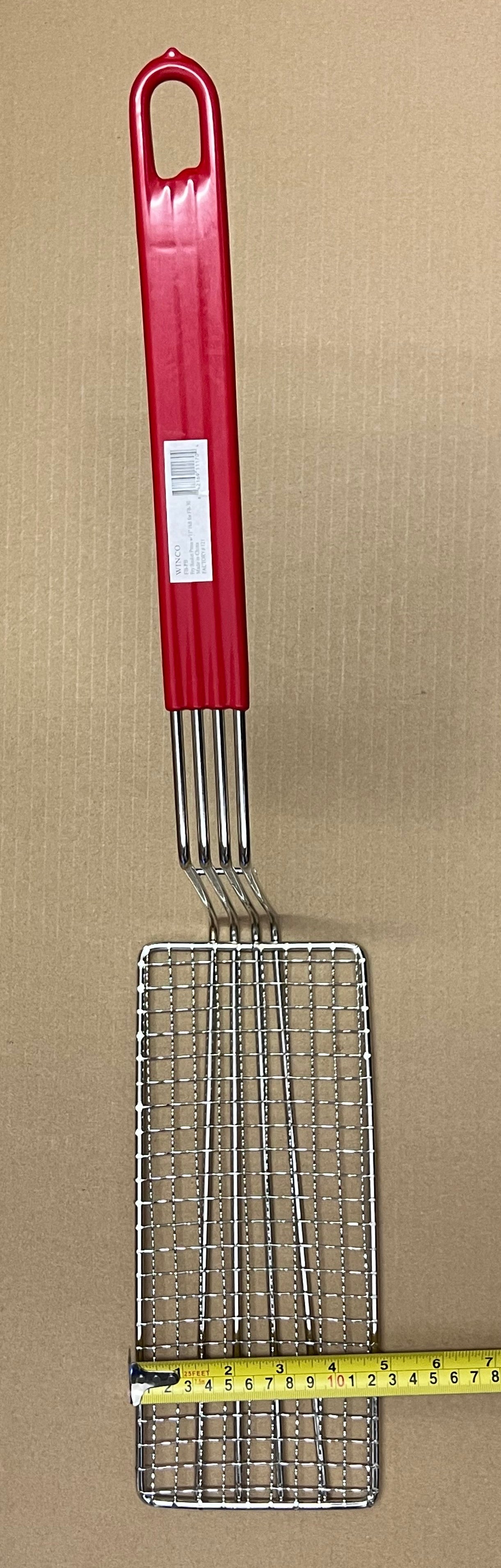 WINCO FB-PB Fry Basket Press, 11 inch Red Plastic Coated Handle, Nickel Plated