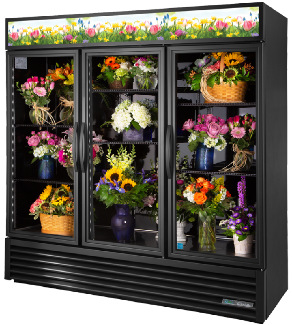 True GDM-72FC-HC~TSL01 3 Section Floral Cooler w/ Swinging Door - Black, 115v