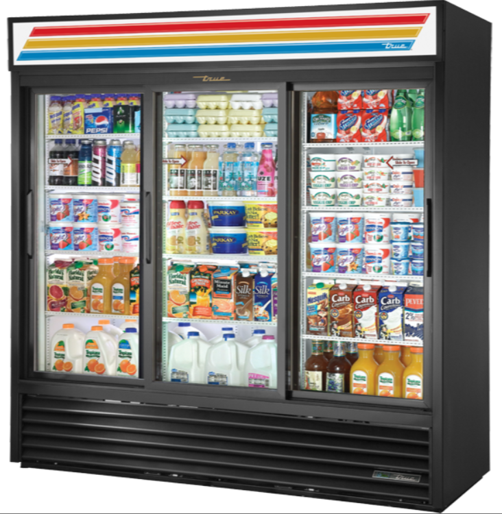 True GDM-69-HC-LD 78 1/8" GDM Series Three Section Glass Door Merchandiser - (3) Sliding Doors, Black, 115v