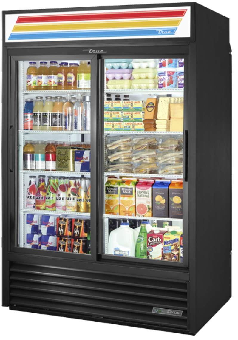 True GDM-47RL-HC-LD 54 1/8" GDM Series Two Section Pass Thru Glass Door Merchandiser - (2) Sliding Doors, Black, 115v