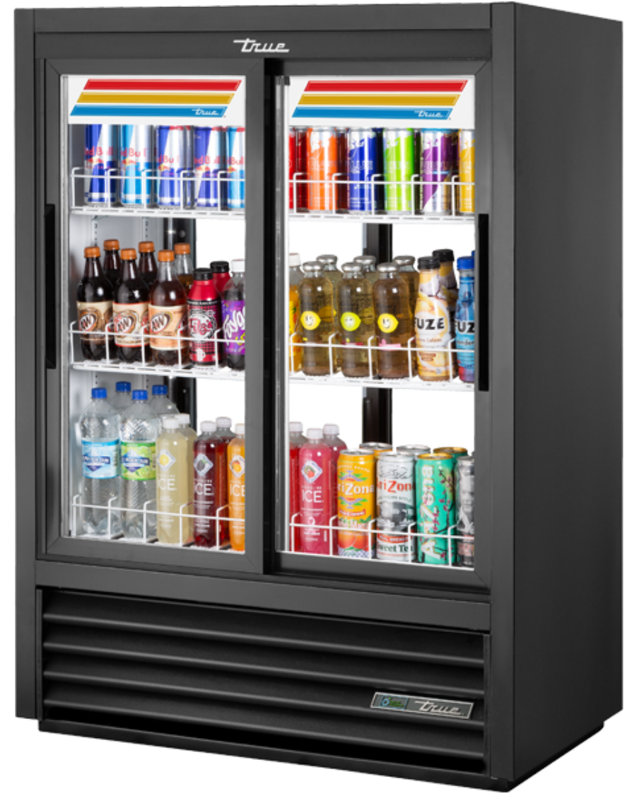 True GDM-33CPT-54-HC-LD 39 1/2" GDM Series Two Section Pass Thru Glass Door Merchandiser - (2) Sliding Doors, Black, 115v
