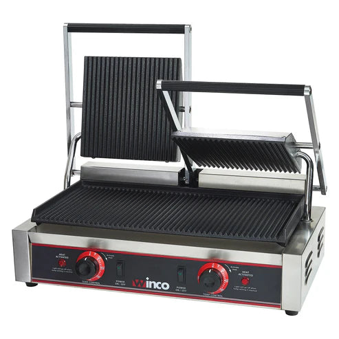 Winco EPG-2 Double Commercial Panini Press w/ Cast Iron Grooved Plates, 120v