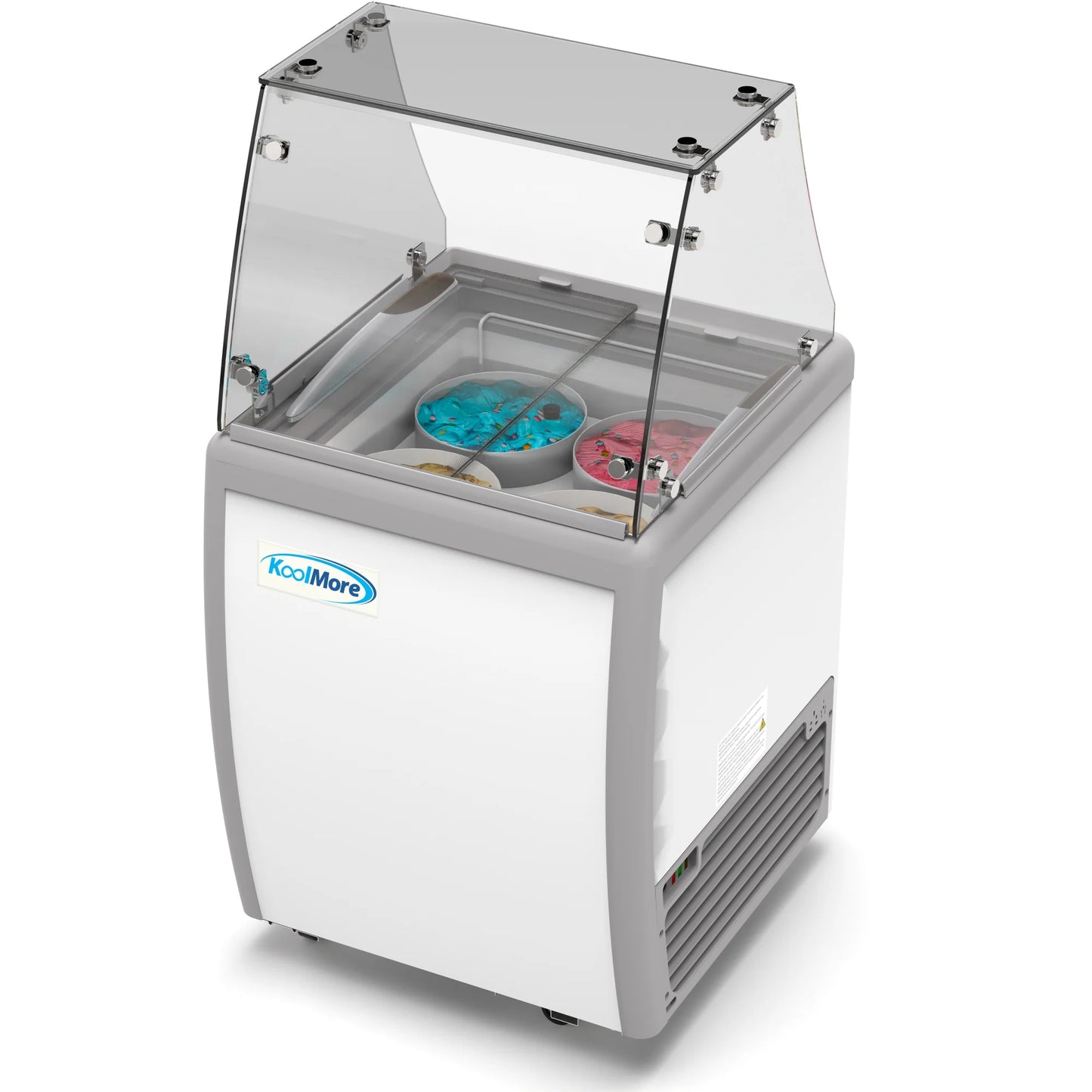 Koolmore KM-ICD-26SD-FG 26 In. Commercial 4 Tub Ice Cream Dipping Cabinet Display Freezer With Sliding Glass Door And Sneeze Guard- 6 Cu Ft.