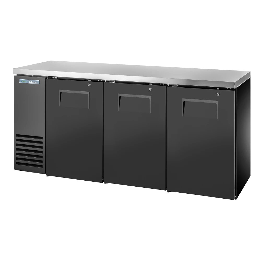 True TBB24-72-3S-Z1-SFT-B-1 72 1/8" Bar Refrigerator - 3 Swinging Solid Doors, Black, 115v