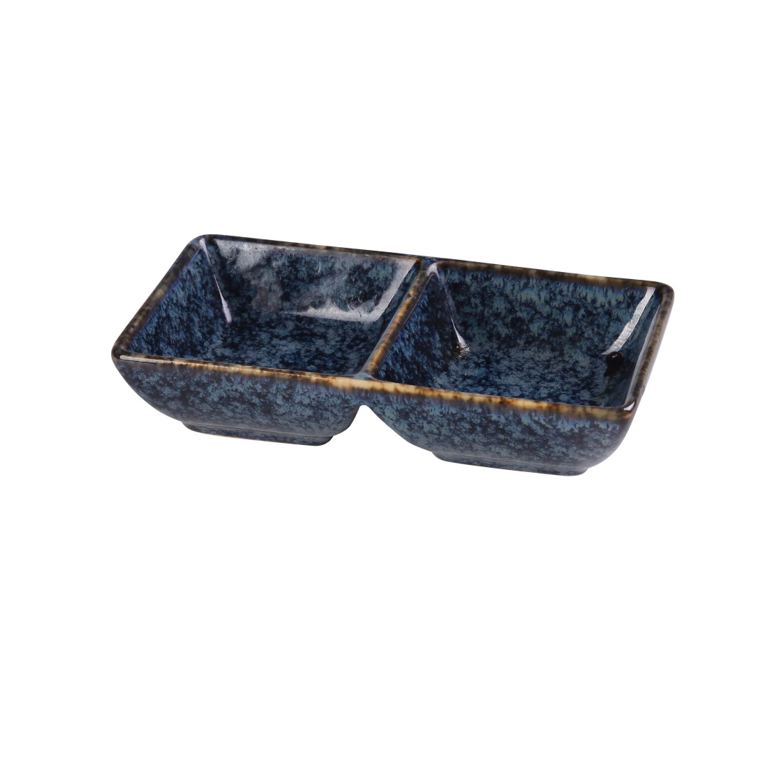 Yanco BL-4032 Rectangular Sauce Dish w/ (2) 1 1/5 oz Compartments - Ceramic, Blue Star