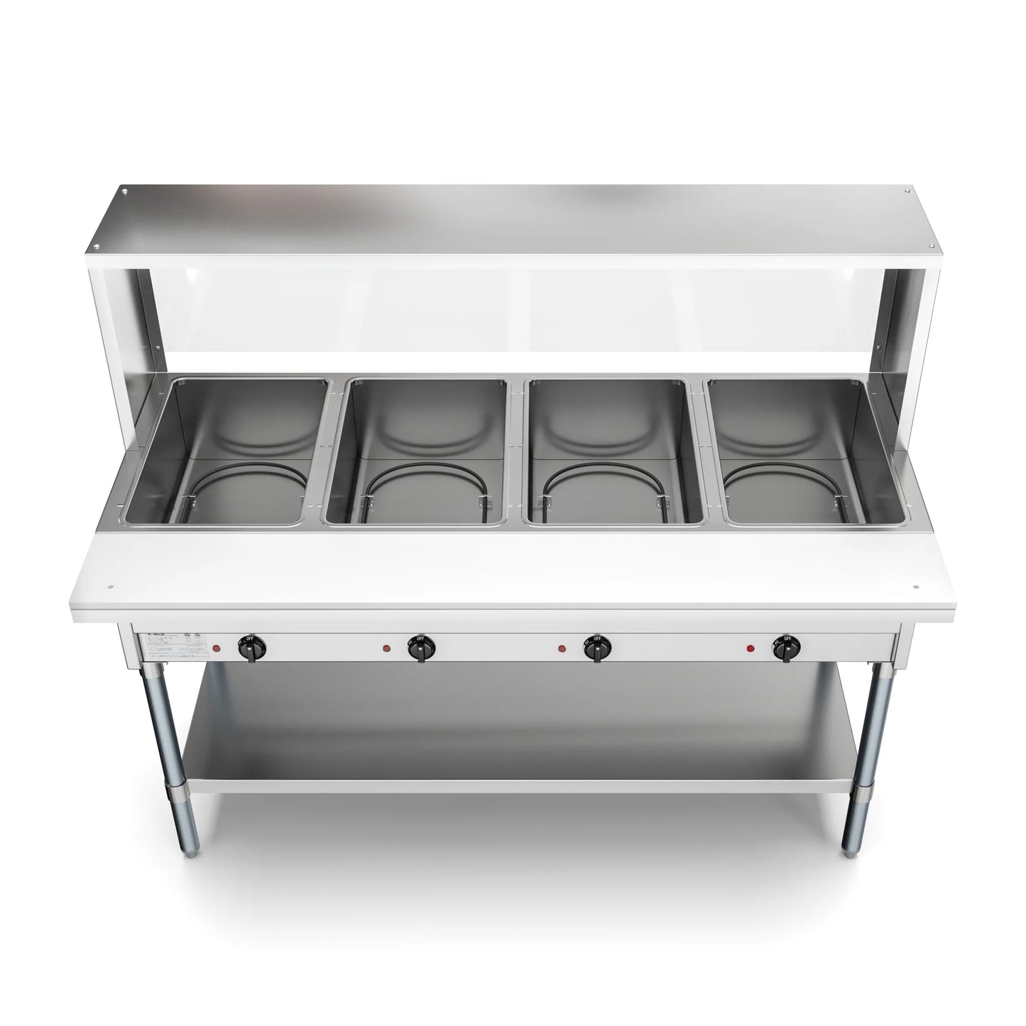 Koolmore KM-OWS-4SG 4-Pan Open Well Electric Steam Table With Undershelf And Sneeze-Guard, 120V