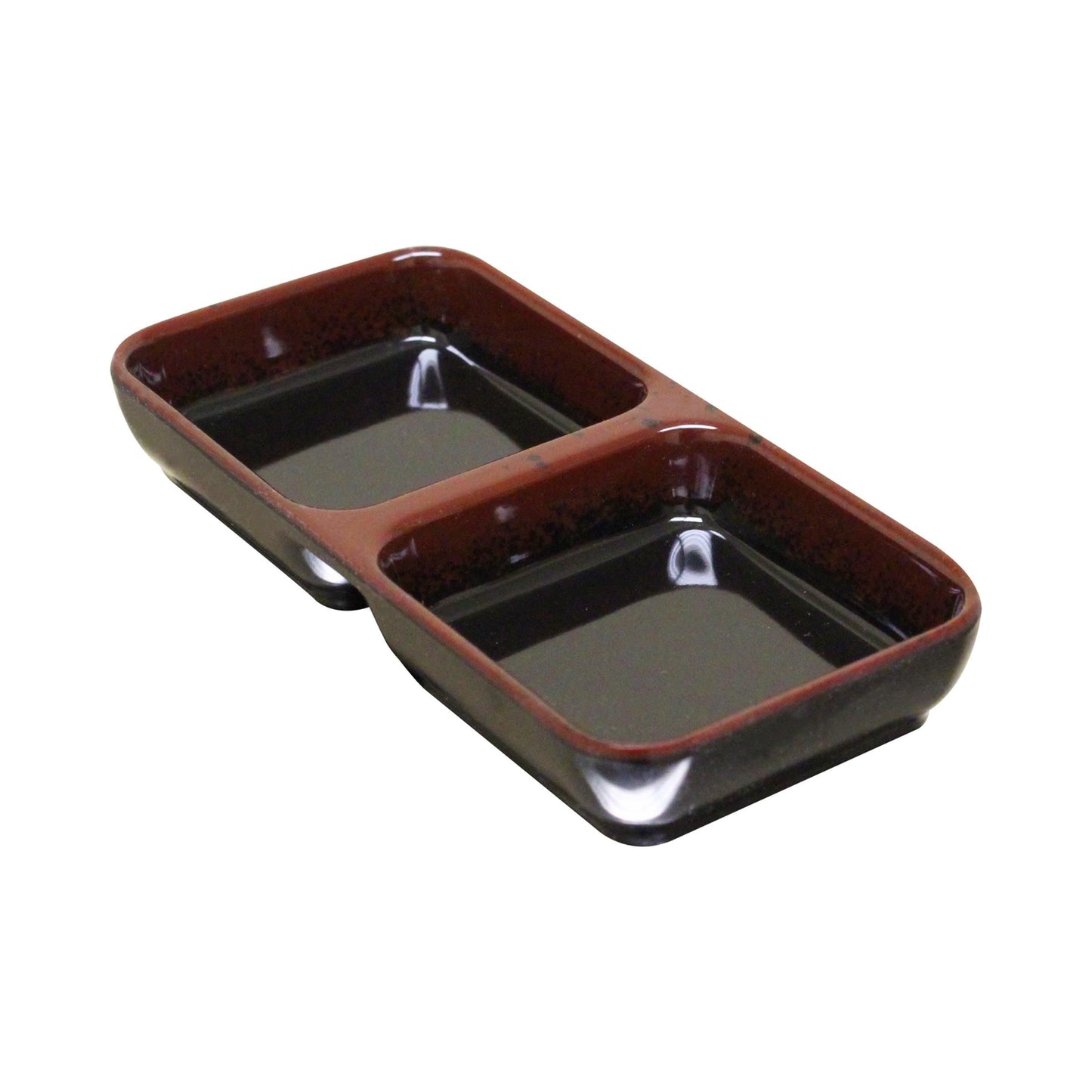 Thunder Group 1902TM Tenmoku Black 4 oz. Rectangular Melamine Two Compartment Sauce Dish - 12/Case