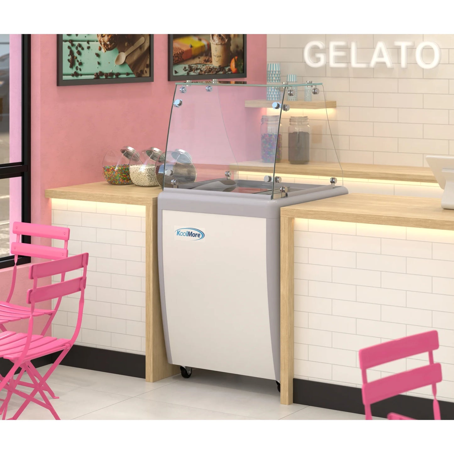 Koolmore KM-GDC-26SD-FG 26 In. Commercial 5-Pan Gelato Ice Cream Dipping Cabinet Display Freezer With Sliding Glass Door And Sneeze Guard- 6 Cu Ft.
