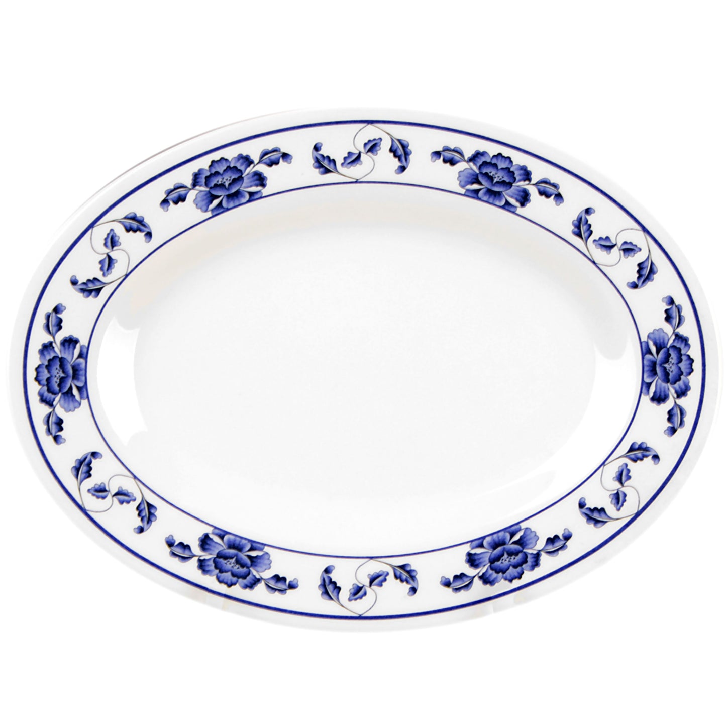 Thunder Group 2016TB 16" x 11 5/8" Oval Lotus Platter - Melamine, White/Blue