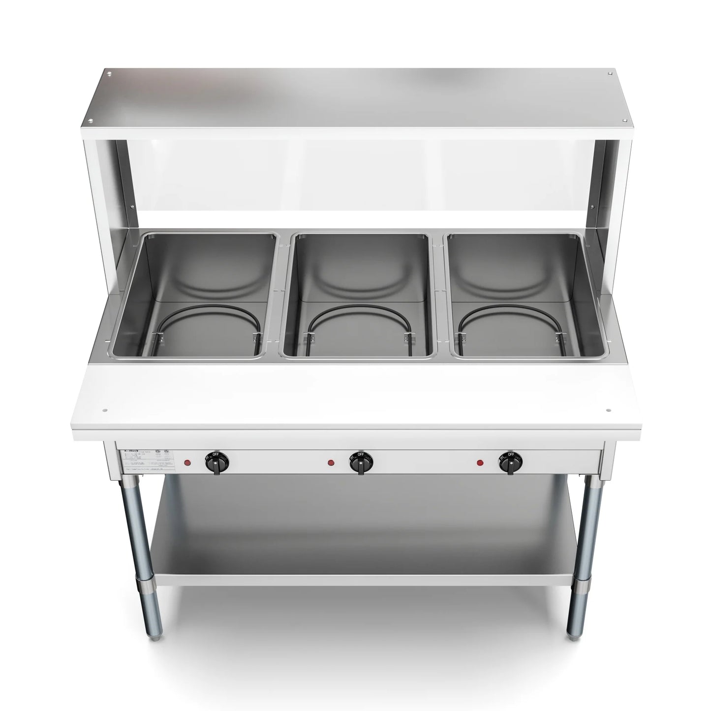 Koolmore KM-OWS-3SG 3-Pan Open Well Electric Steam Table With Undershelf And Sneeze-Guard, 120V