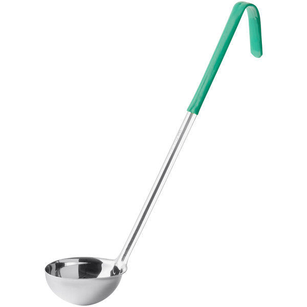 Choice 407CHL4 4 oz. One-Piece Stainless Steel Ladle with Green Coated Handle