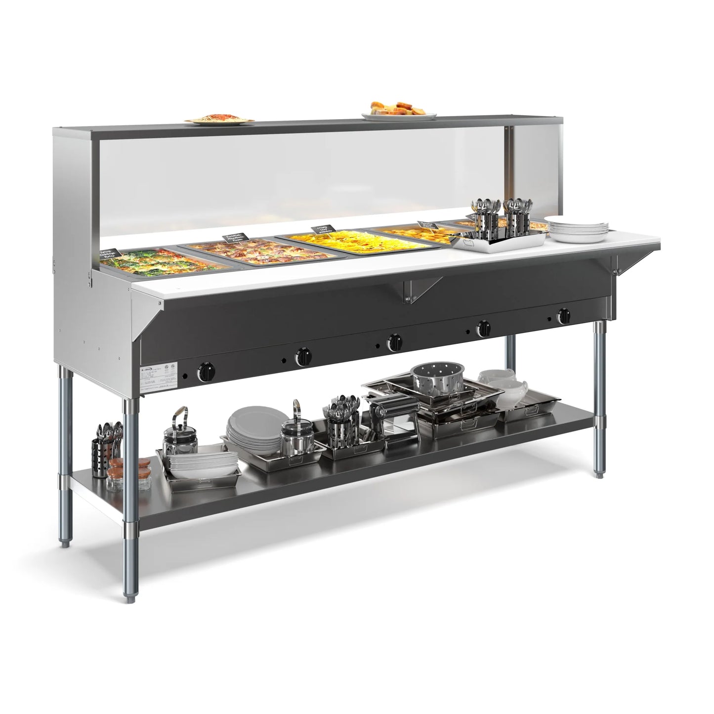 Koolmore KM-OWS-5SG 5-Pan Open Well Electric Steam Table With Undershelf And Sneeze-Guard, 240V