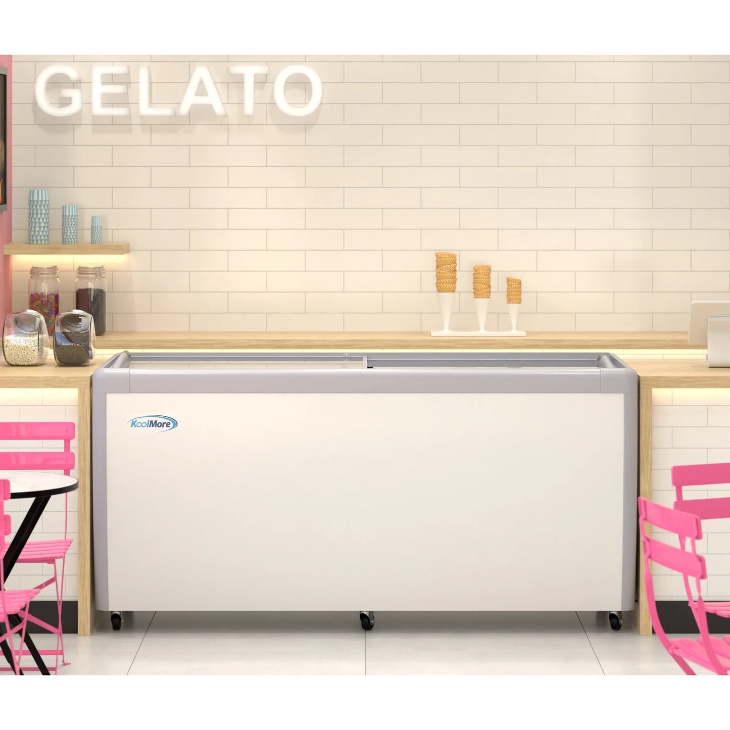 Koolmore KM-GDC-71SD 70 In. Commercial 14-Pan Gelato Ice Cream Dipping Cabinet Display Freezer With Sliding Glass Door- 20 Cu Ft.