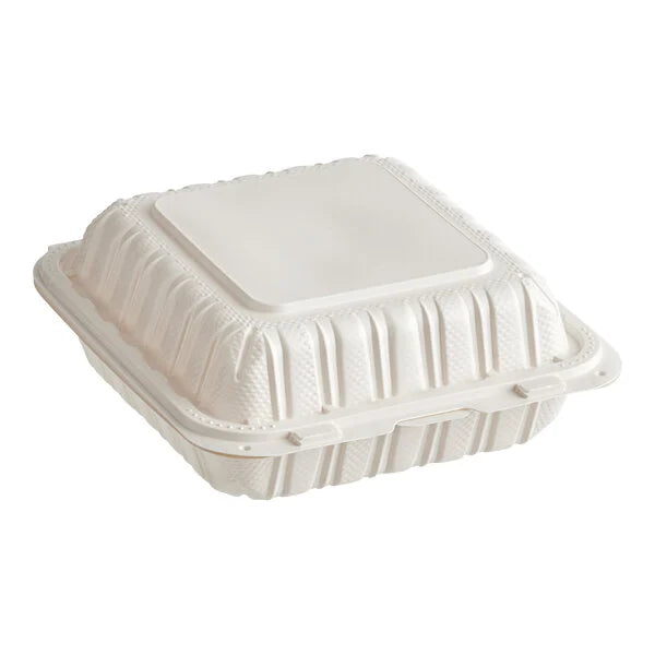 Take-Out Container 8" x 8" 3-Compartment Microwaveable White Mineral-Filled Plastic Hinged  - 150/Case