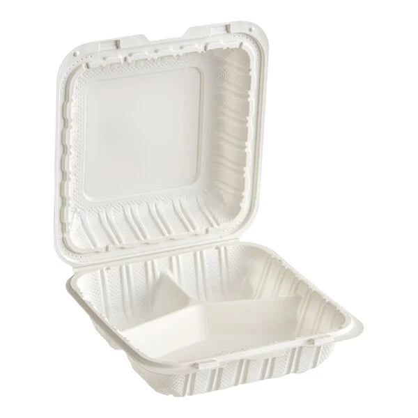 Take-Out Container 8" x 8" 3-Compartment Microwaveable White Mineral-Filled Plastic Hinged  - 150/Case