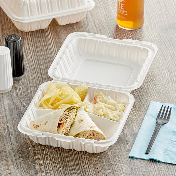 Take-Out Container 8" x 8" 3-Compartment Microwaveable White Mineral-Filled Plastic Hinged  - 150/Case