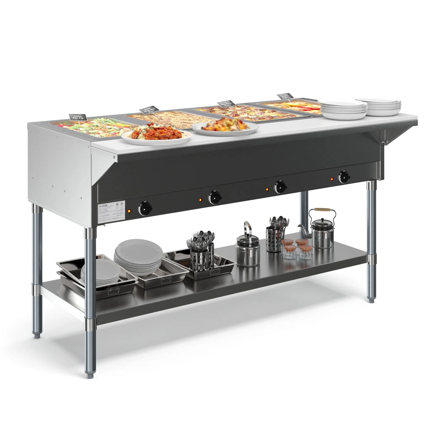 Koolmore KM-OWS-4 4-Pan Open Well Electric Steam Table With Undershelf, 120V