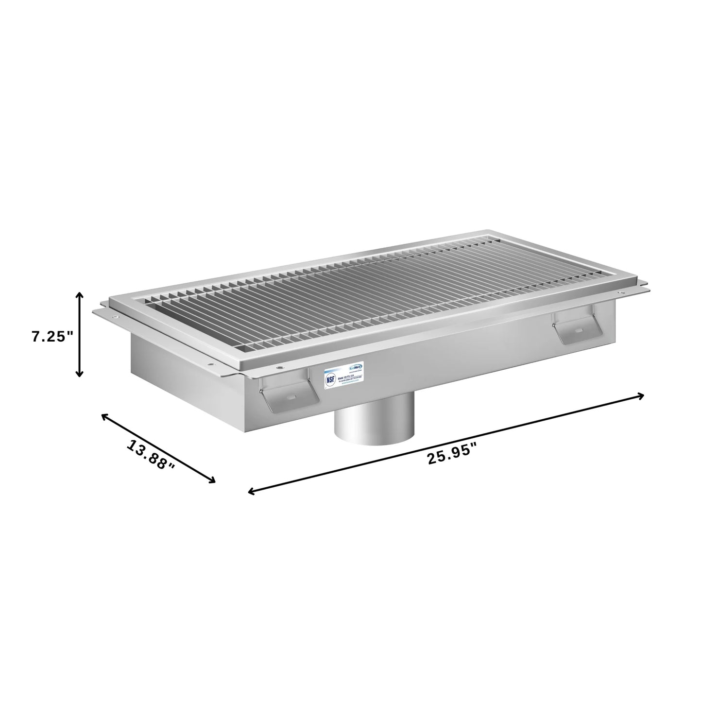 Koolmore KM-FTG-1224 12" x 24" 14-Gauge Stainless Steel Floor Trough with Grate Removable Drain Basket NSF
