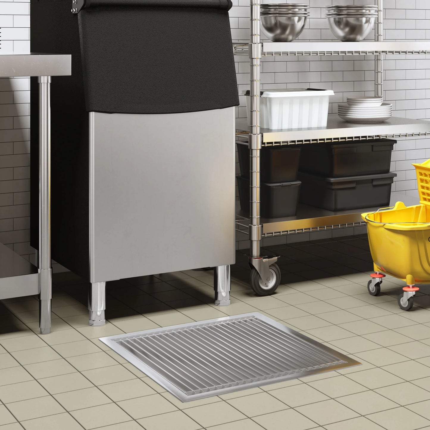 Koolmore KM-FTG-2424 24" x 24" 14-Gauge Stainless Steel Floor Trough with Grate Removable Drain Basket NSF