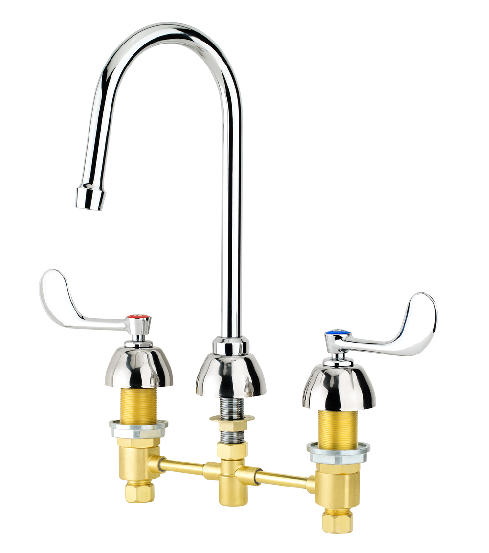 Krowne 14-840L Deck Mount Restroom Faucet w/ 5 3/4" Gooseneck Spout & Wristblade Handles - 8" Centers, Chrome Plate