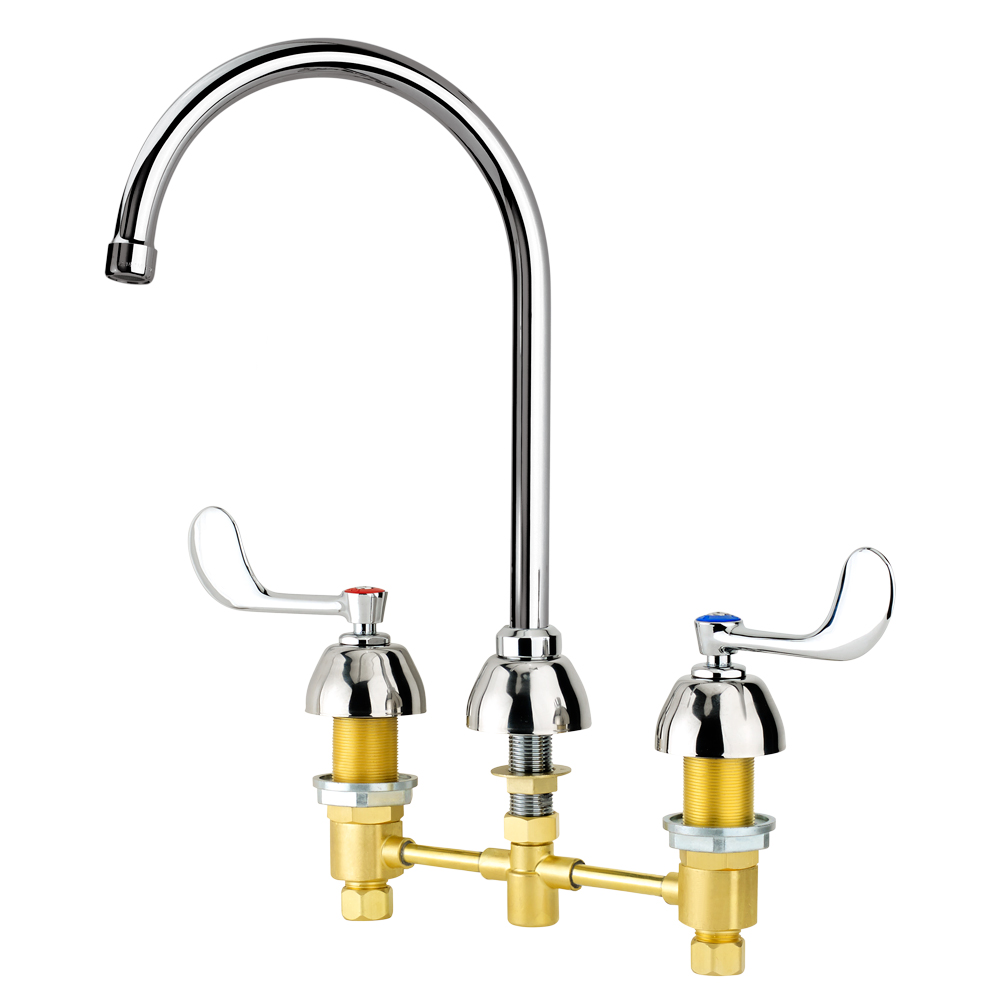Krowne 14-841L Deck Mount Restroom Faucet w/ 8" Gooseneck Spout & Wristblade Handles - 8" Centers, Chrome Plated