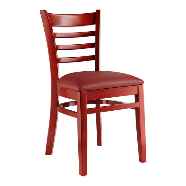 Wood Chair MHBG01 Mahogany Finish Wood Ladder Back With 2 1/2" thick Burgundy Vinyl Seat vinyl padded seat
