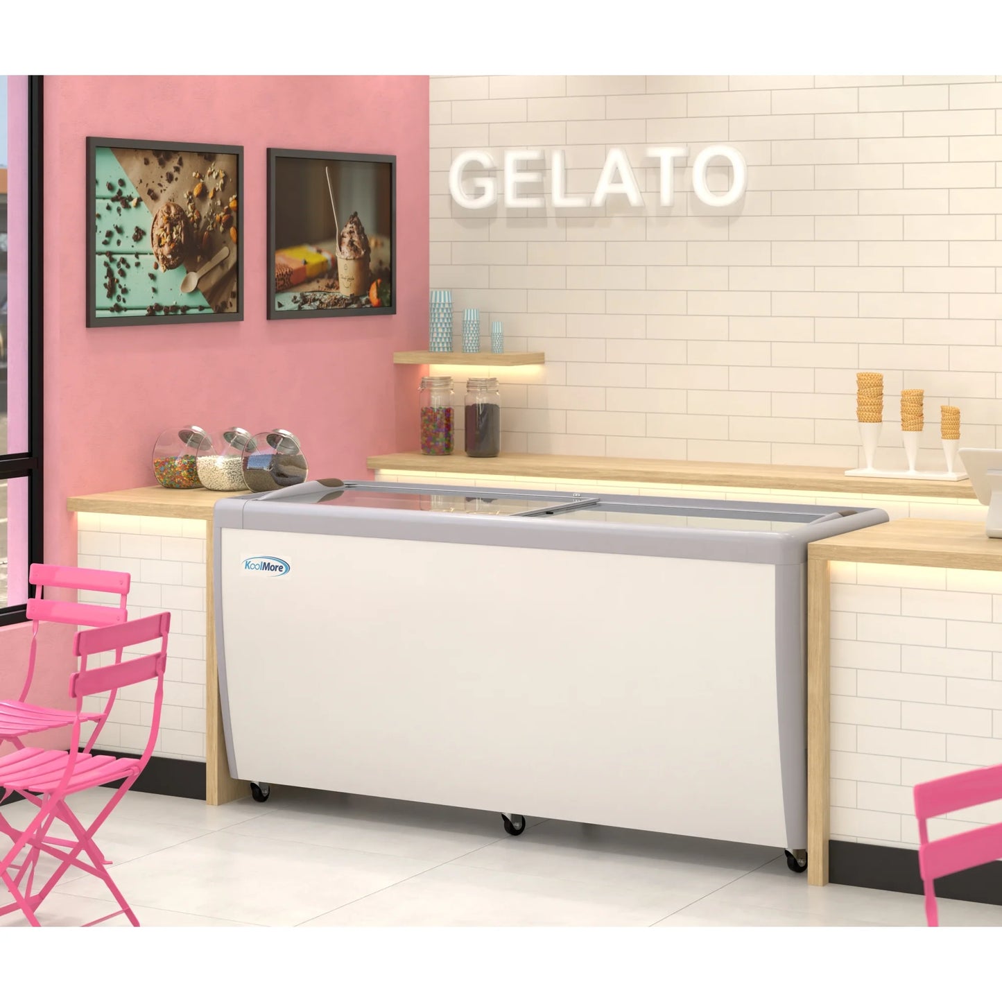 Koolmore KM-GDC-71SD 70 In. Commercial 14-Pan Gelato Ice Cream Dipping Cabinet Display Freezer With Sliding Glass Door- 20 Cu Ft.