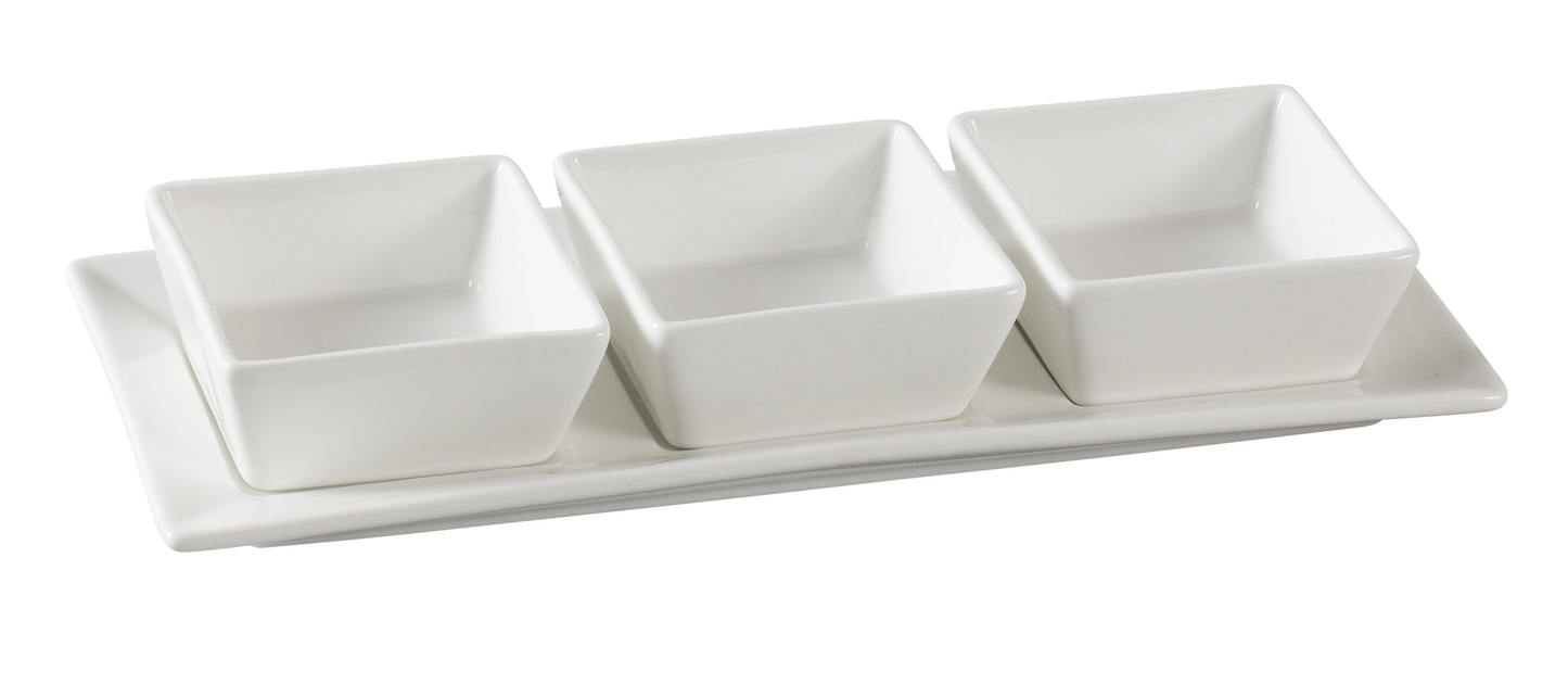 Yanco PS-724 Piscataway Bowl Set Includes (3) 3" 3 Oz. Square Bowls And 11" X 4-1/4" Rectangular Tray