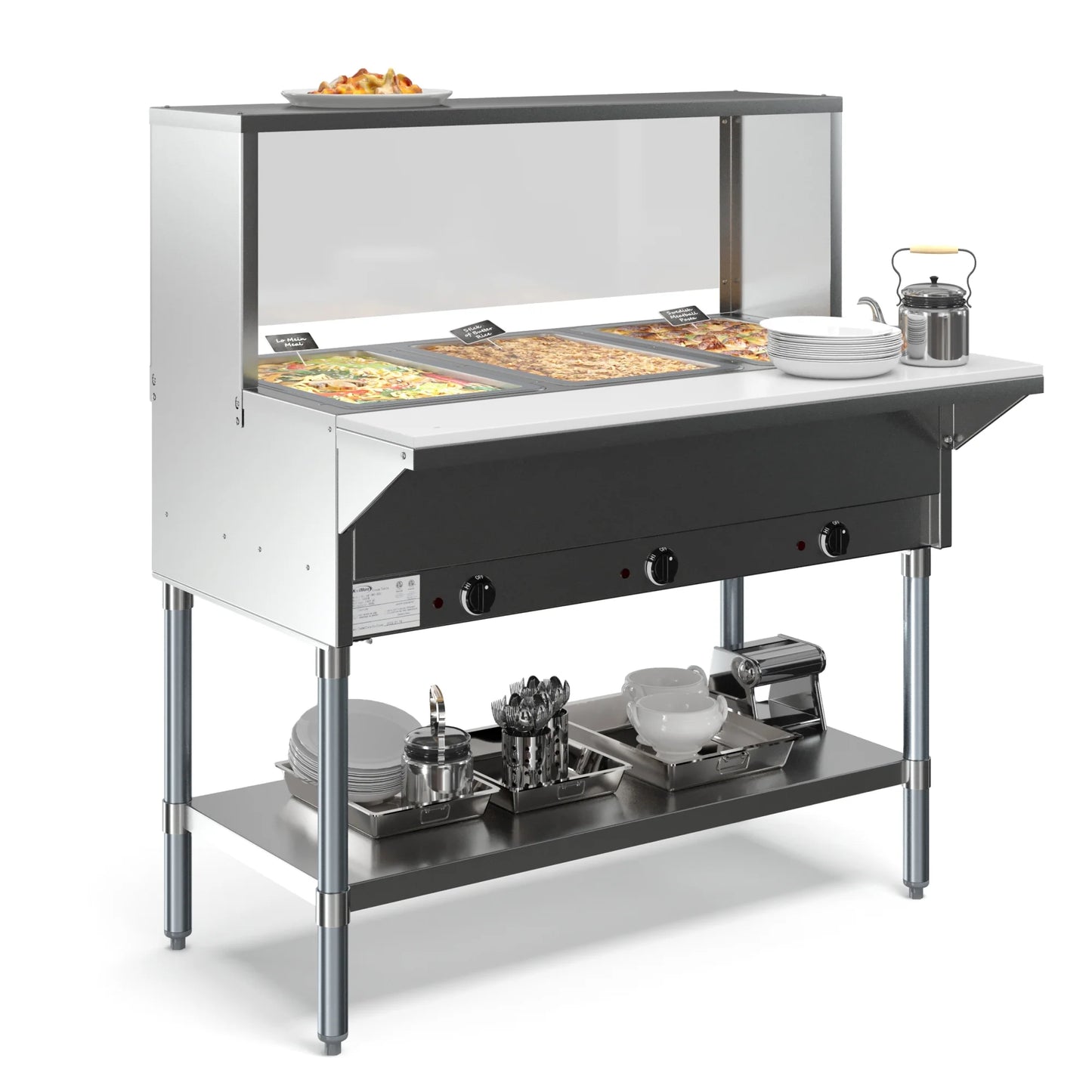 Koolmore KM-OWS-3SG 3-Pan Open Well Electric Steam Table With Undershelf And Sneeze-Guard, 120V