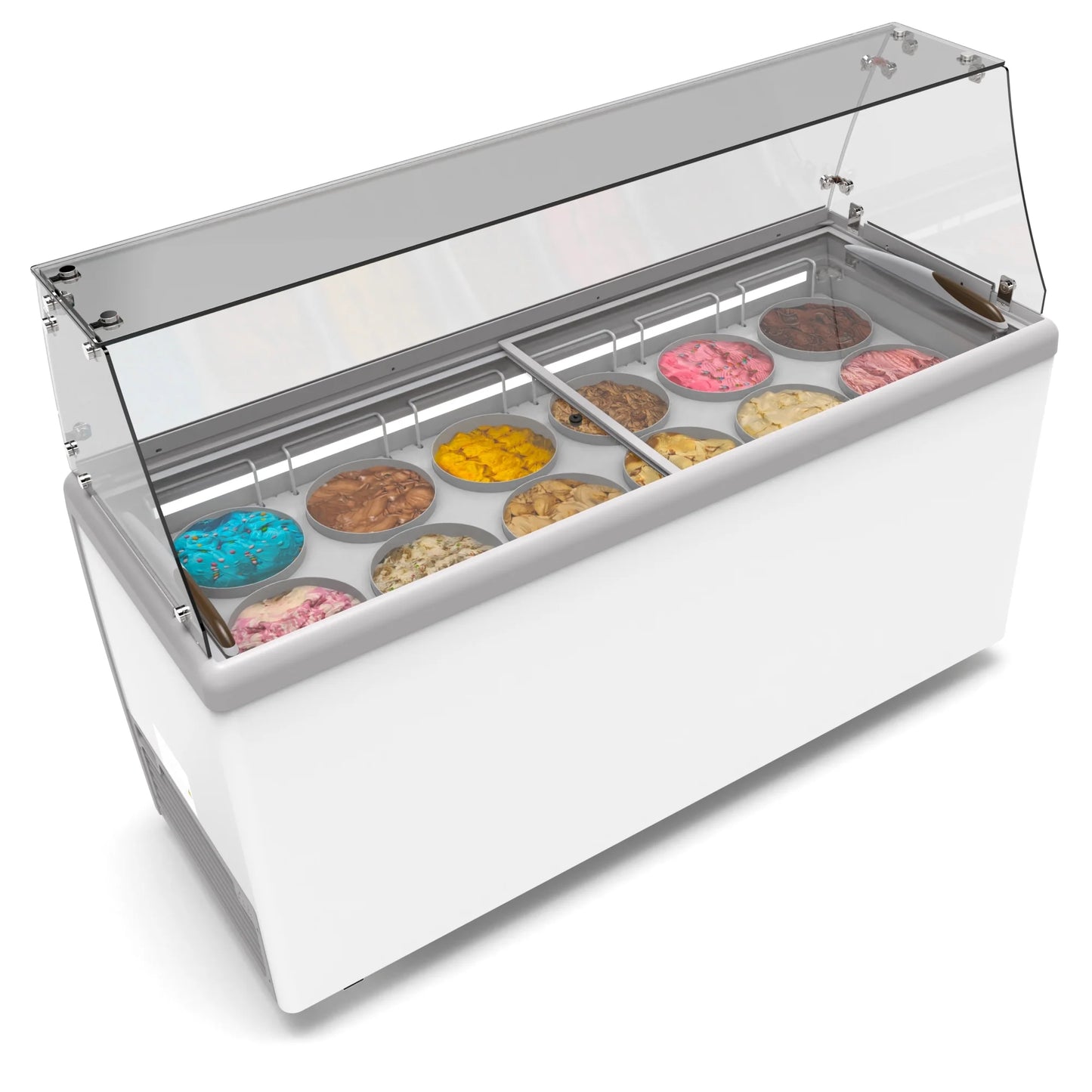 Koolmore KM-ICD-71SD-FG 70 In. Commercial 12 Tub Ice Cream Dipping Cabinet Display Freezer With Sliding Glass Door And Sneeze Guard- 20 Cu Ft.