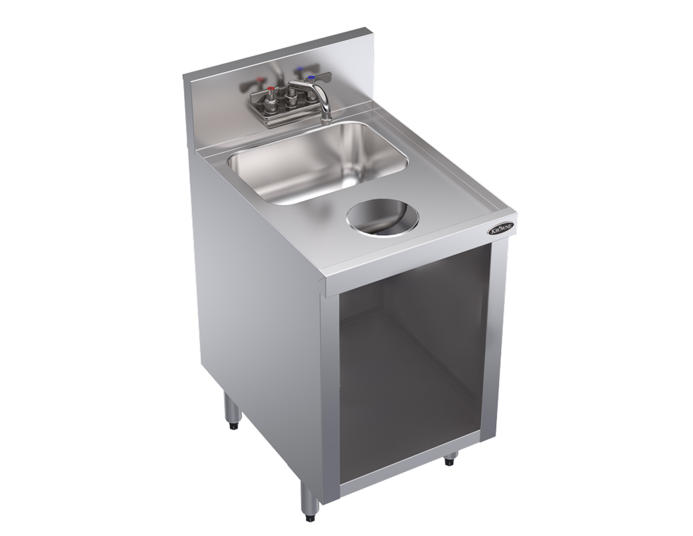 KROWNE KR24-S18C Under Bar Storage Unit with Sink, Open Base and Waste Chute, 18 inch W x 24 inch D