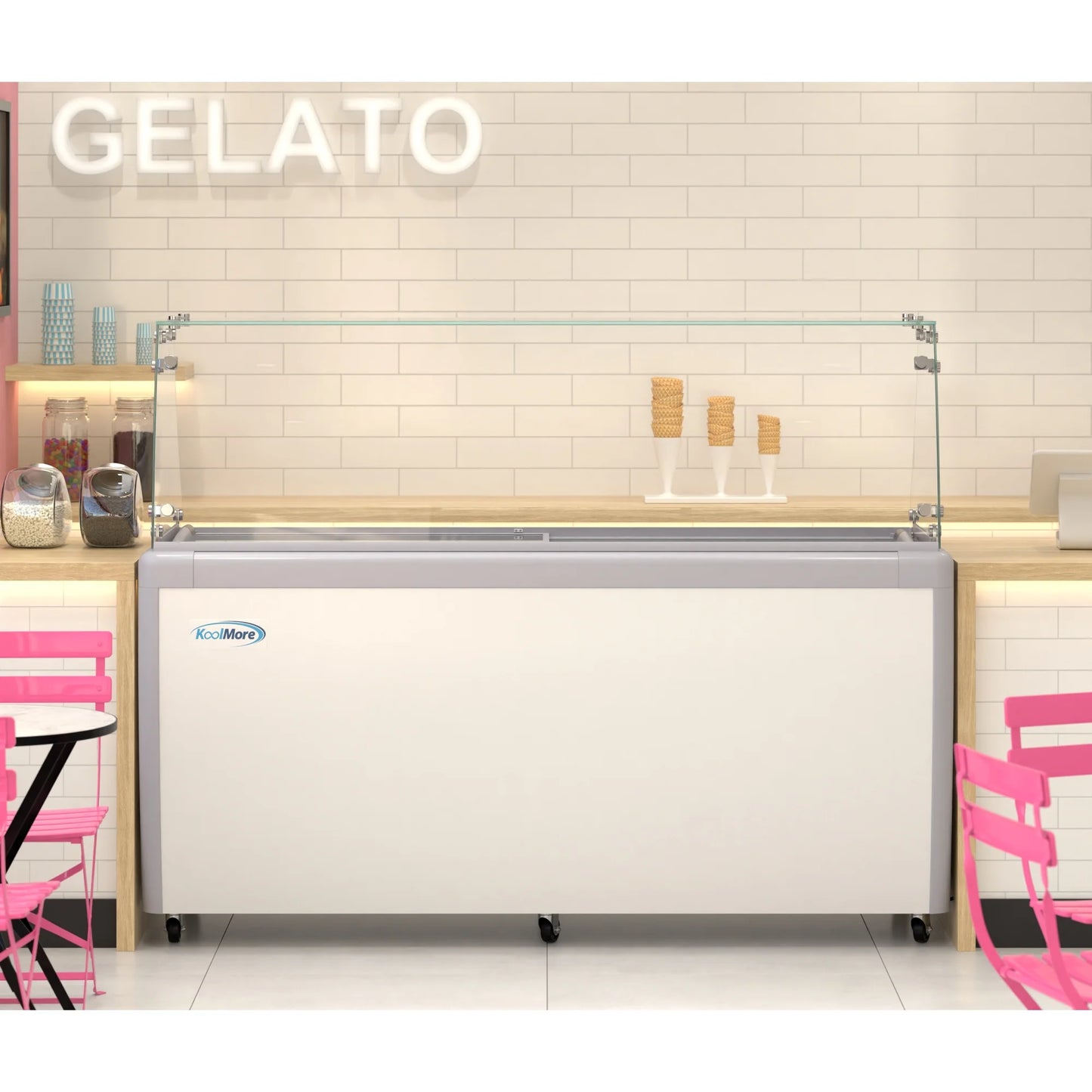 Koolmore KM-GDC-71SD-FG 70 In. Commercial 14-Pan Gelato Ice Cream Dipping Cabinet Display Freezer With Sliding Glass Door And Sneeze Guard- 20 Cu Ft.