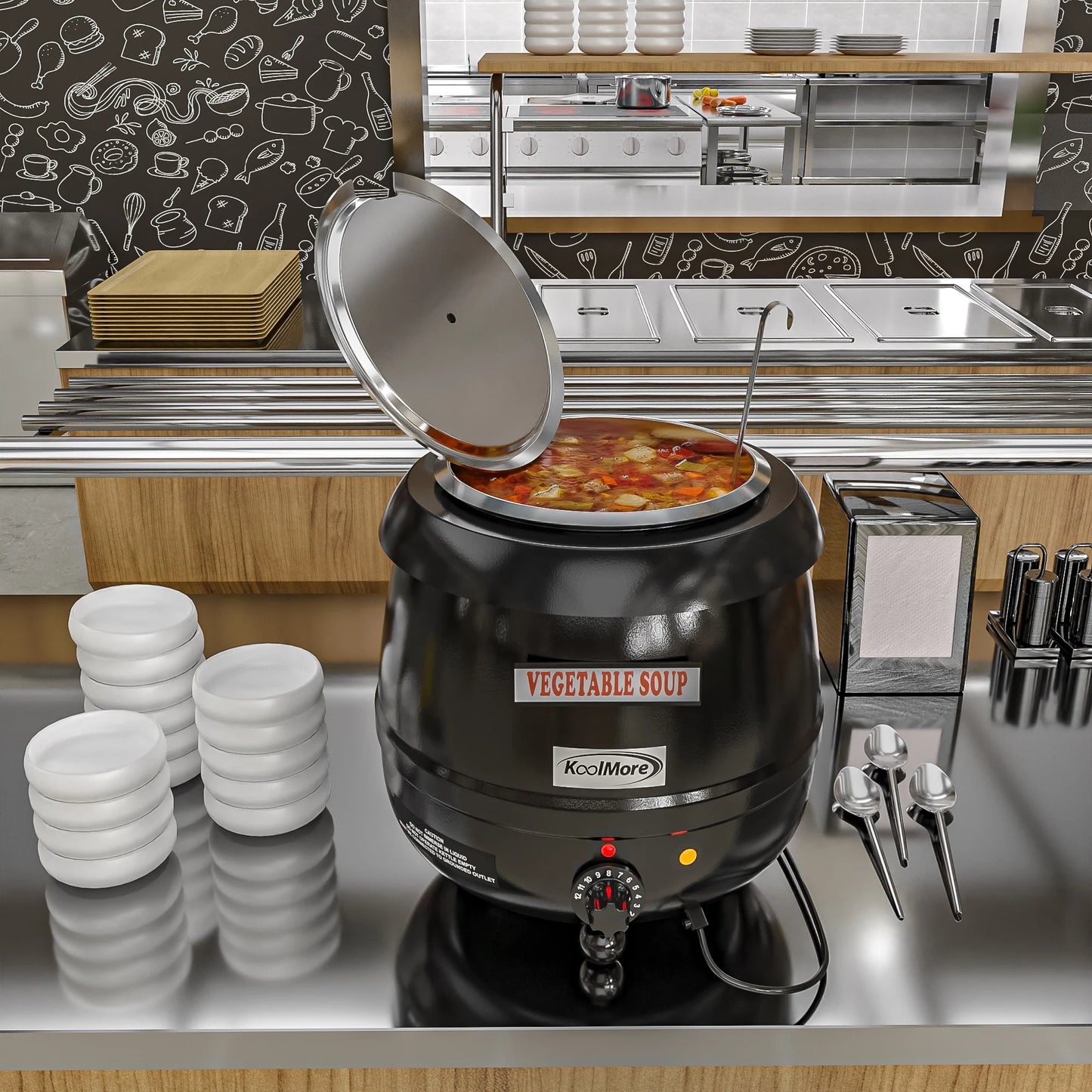 Koolmore SK-BK-3G 11.5 Qt. Round Countertop Black Stainless-Steel Food / Soup Kettle Warmer