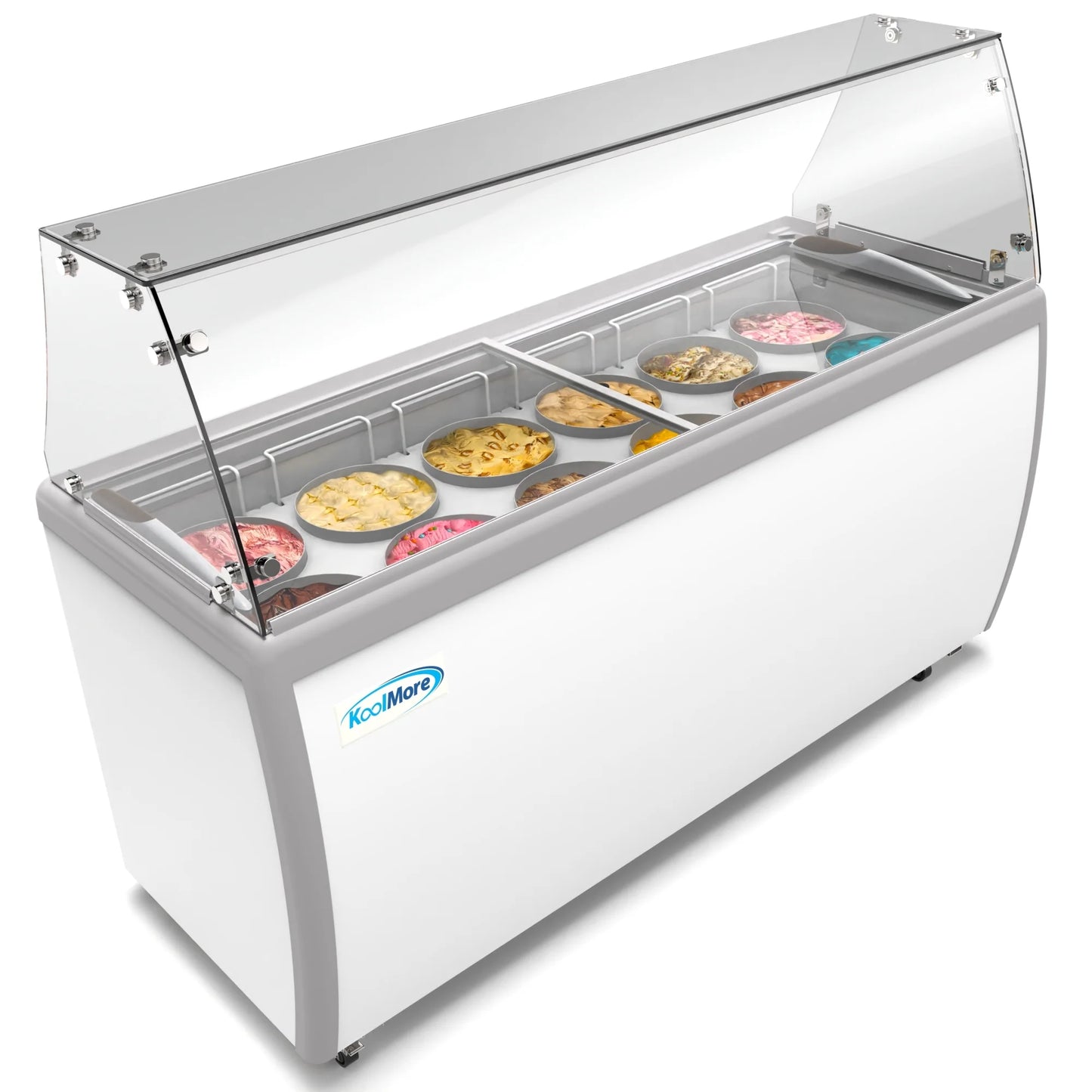 Koolmore KM-ICD-71SD-FG 70 In. Commercial 12 Tub Ice Cream Dipping Cabinet Display Freezer With Sliding Glass Door And Sneeze Guard- 20 Cu Ft.