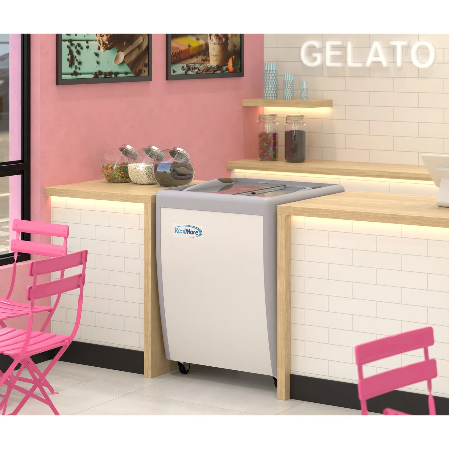 Koolmore KM-GDC-26SD 26 In. Commercial 5-Pan Gelato Ice Cream Dipping Cabinet Display Freezer With Sliding Glass Door- 6 Cu Ft.
