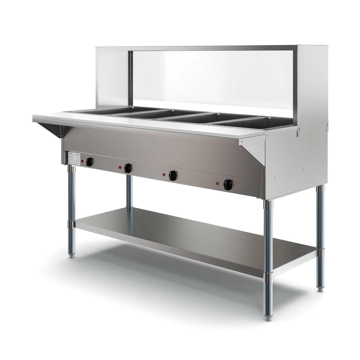 Koolmore KM-OWS-4SG 4-Pan Open Well Electric Steam Table With Undershelf And Sneeze-Guard, 120V