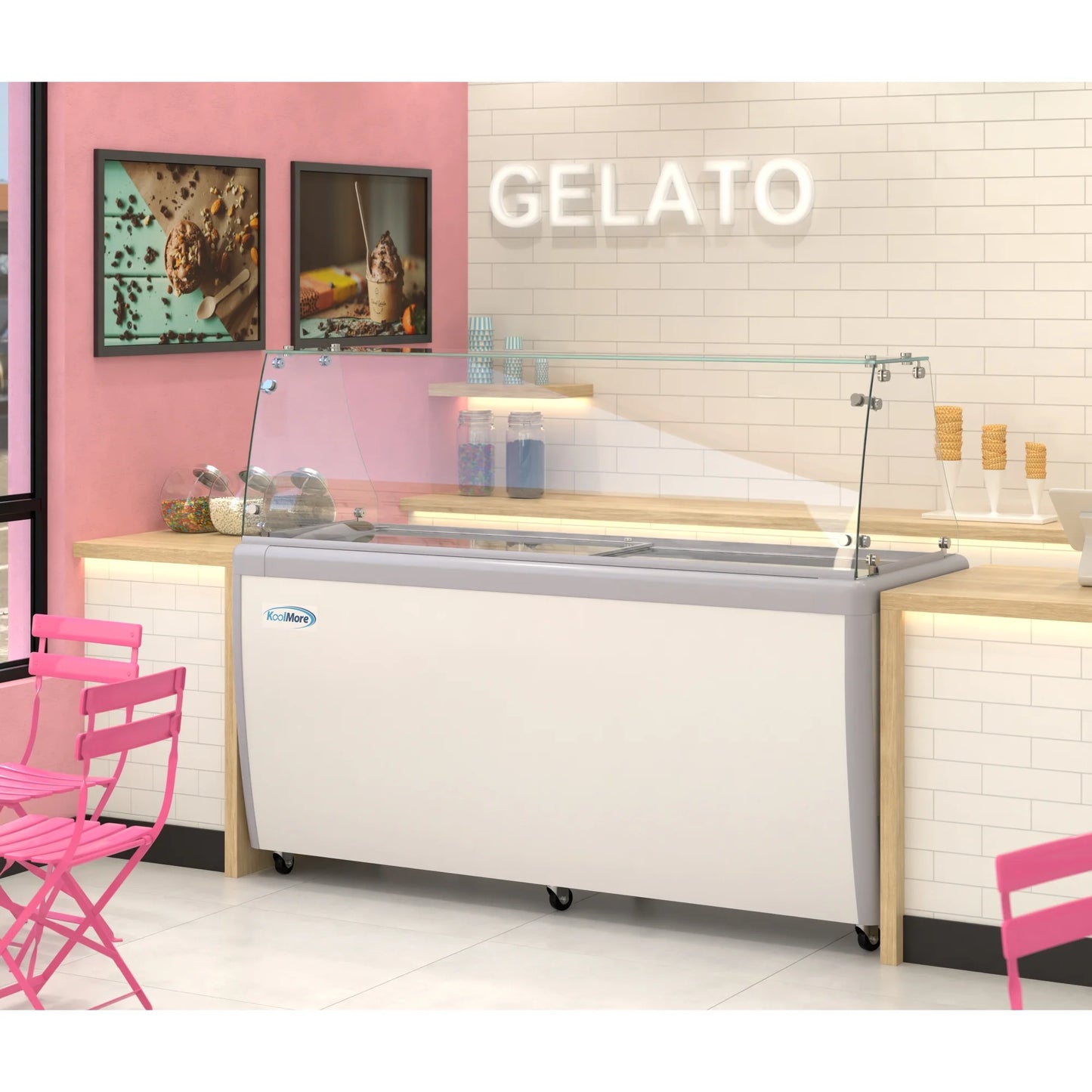 Koolmore KM-GDC-71SD-FG 70 In. Commercial 14-Pan Gelato Ice Cream Dipping Cabinet Display Freezer With Sliding Glass Door And Sneeze Guard- 20 Cu Ft.