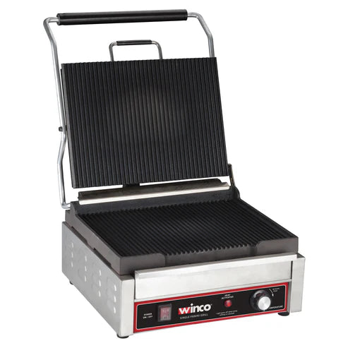 Winco EPG-1C Single Commercial Panini Press w/ Cast Iron Grooved Plates, 120v