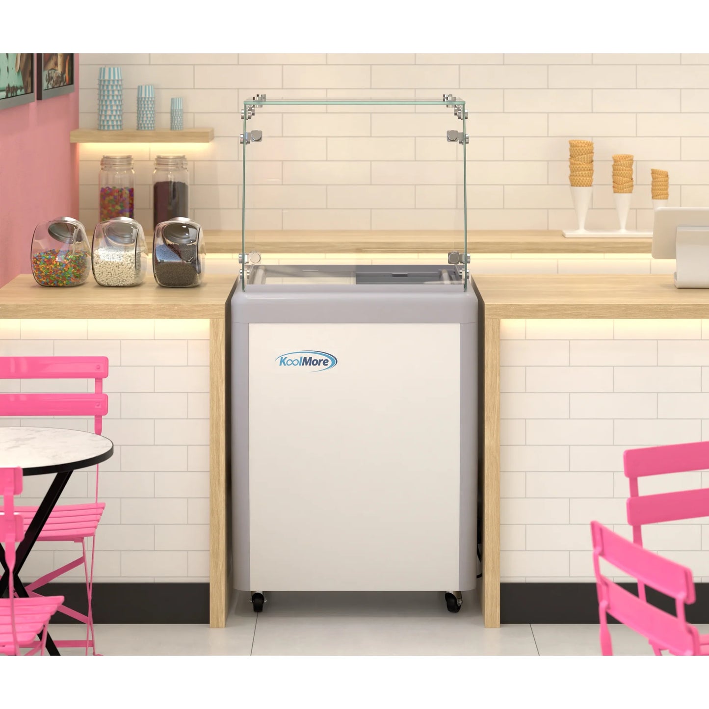 Koolmore KM-GDC-26SD-FG 26 In. Commercial 5-Pan Gelato Ice Cream Dipping Cabinet Display Freezer With Sliding Glass Door And Sneeze Guard- 6 Cu Ft.