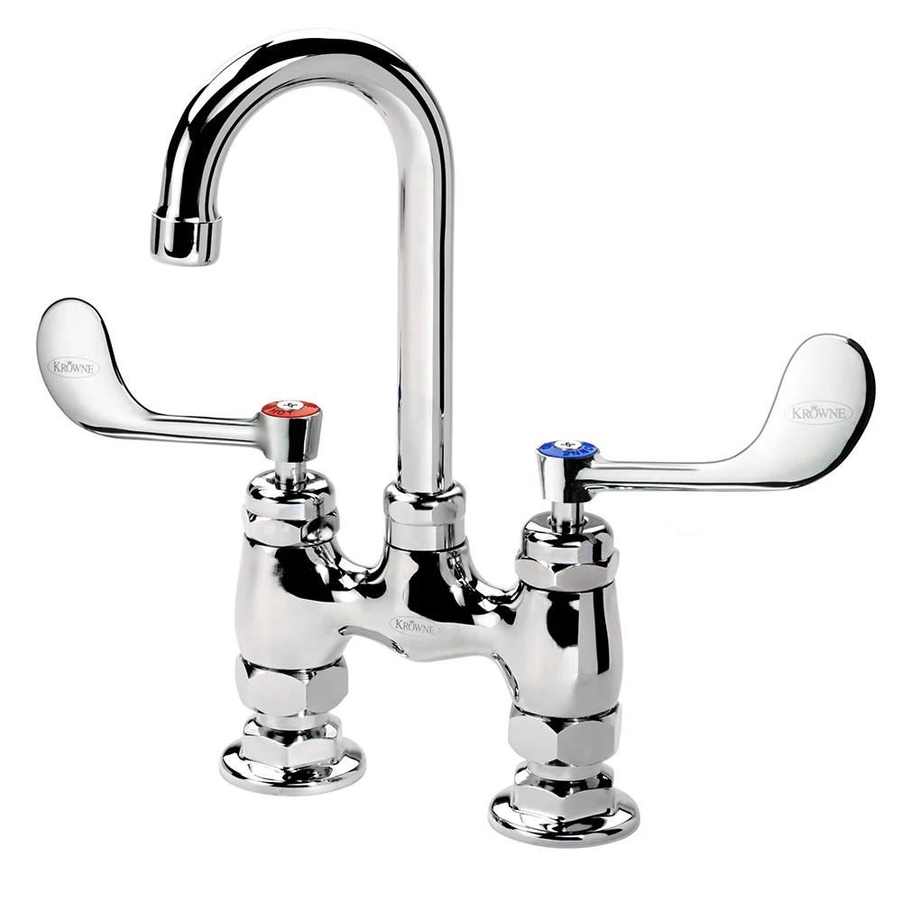 Krowne 15-425L-W-E2 Raised Deck Mount Faucet w/ 3 1/2" Gooseneck Spout & Wrist Action Handles - 4" Centers, 0.5 GPM