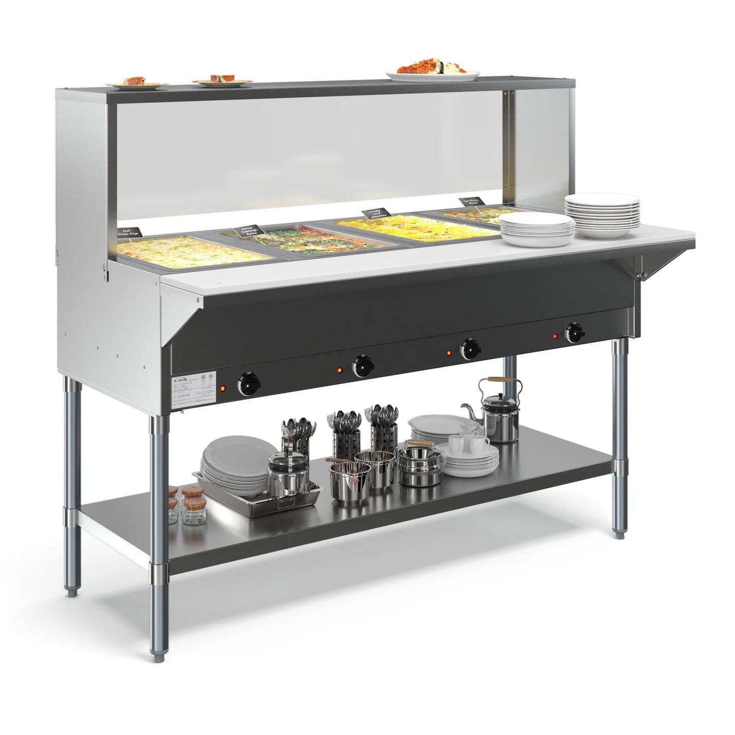 Koolmore KM-OWS-4SG 4-Pan Open Well Electric Steam Table With Undershelf And Sneeze-Guard, 120V