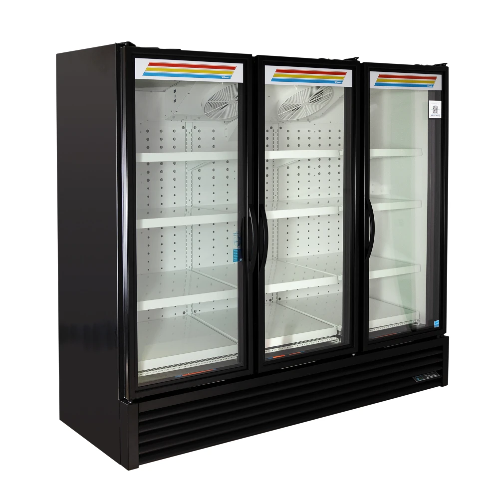 True FLM-81~TSL01 80 3/4" FLM Series Three Section Glass Door Merchandiser - (3) Left/Right Hinge Doors, Black, 115v