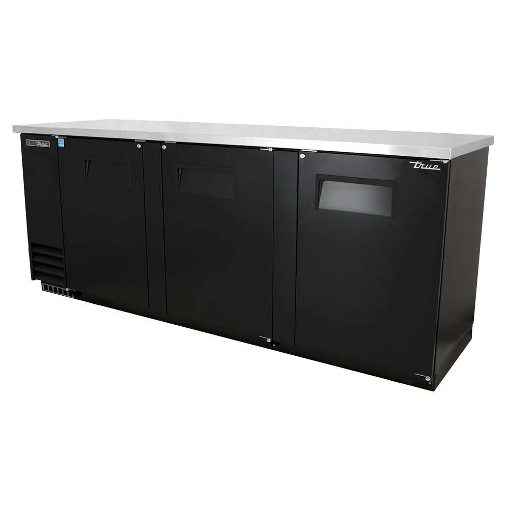 True TBB-4-HC 90 3/8" Bar Refrigerator - 3 Left Hinged Swinging Solid Doors, Black, 115v