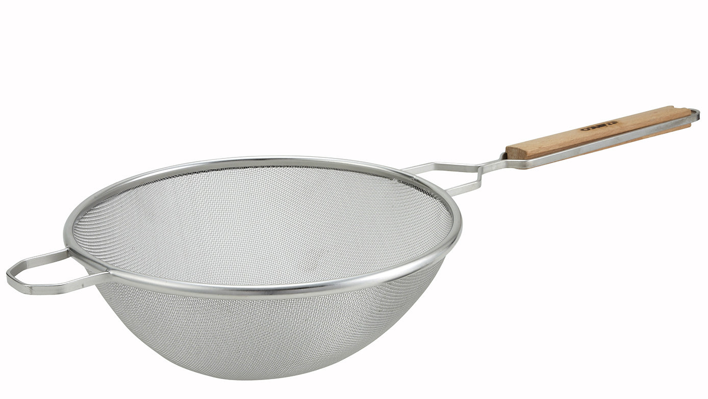 WINCO MS2K-10D Double Fine Mesh Strainer with Flat Wooden Handle, 10-1/2 inch Dia, Stainless Steel