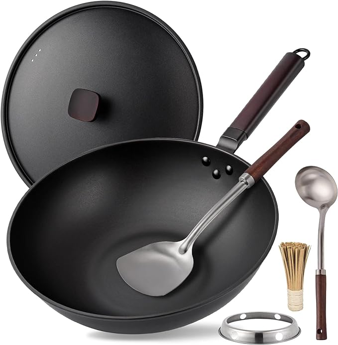 Wok Pan with Lid- TE02 Teewe Carbon Steel Wok Pan - 12.9”