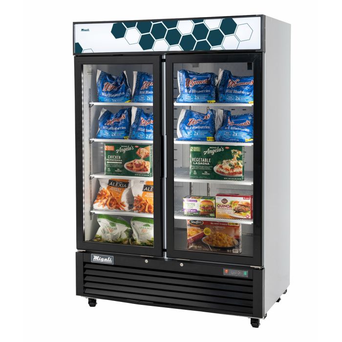 Glass Door Merchandiser Freezer Migali C-49FM-HCE 54 2/5" Two Section w/ Swing Doors - Bottom Mount Compressor, White, 115v