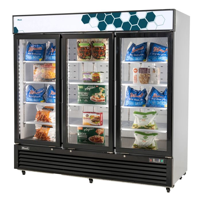 Glass Door Merchandiser Freezer Migali C-72FM-HC 82" Three Section w/ Swing Doors - Bottom Mount Compressor, White, 115/208-230v/1ph